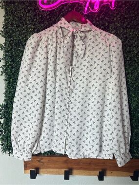 LOFT White Bow-Tie Button Up Blouse with Black Micro Bow Print